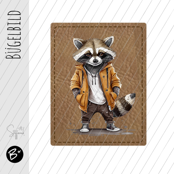 Bügelbild - Label - " Racoon - BRAUN "  - ca. 4 cm x 3,2 cm