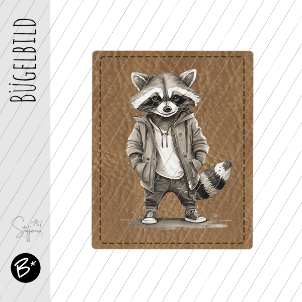 Bügelbild - Label - " Racoon - Greige "  - ca. 4 cm x 3,2 cm