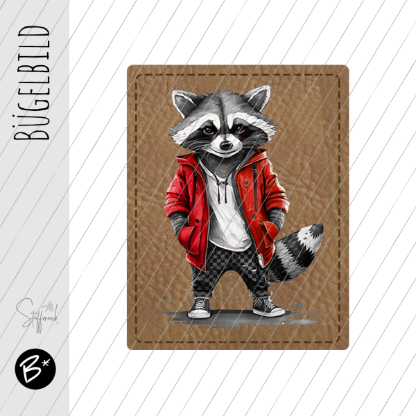 Bügelbild - Label - " Racoon - ROT "  - ca. 4 cm x 3,2 cm