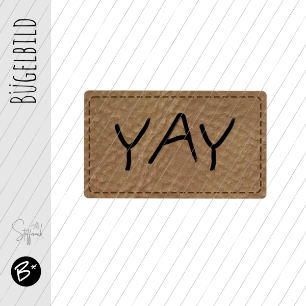 Bügelbild - Label - " YAY "  - ca. 3,2 cm x 2 cm
