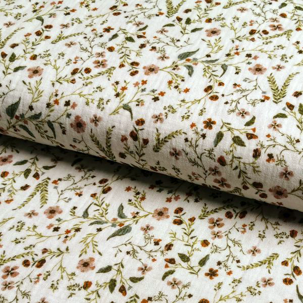 Musselin Double Gauze - Flowers Khaki/Terra