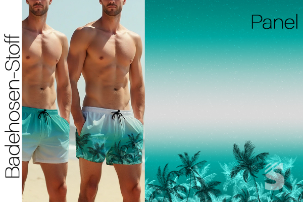 BADEHOSENSTOFF - (gewebt, nicht elastisch) - PANEL Palmen #hellgrau/türkis