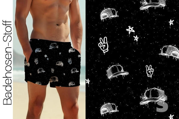 BADEHOSENSTOFF - (gewebt, nicht elastisch) - "Caps #SCHWARZ"