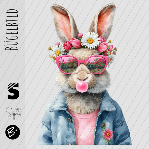 Bügelbild -  " Bubblegum Hase #rosa Jeansjacke "