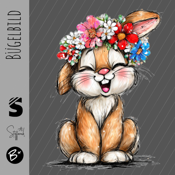 Bügelbild -  " sitzender Hase mit Blumenkranz "