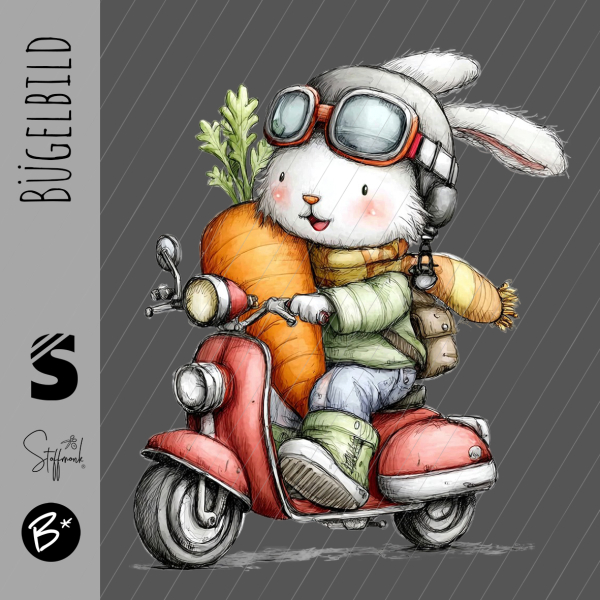 Bügelbild -  " Hase mit Karotte auf Roller "