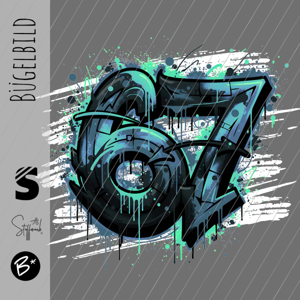 Bügelbild -  " Six Seven 67 # Grau/blau "