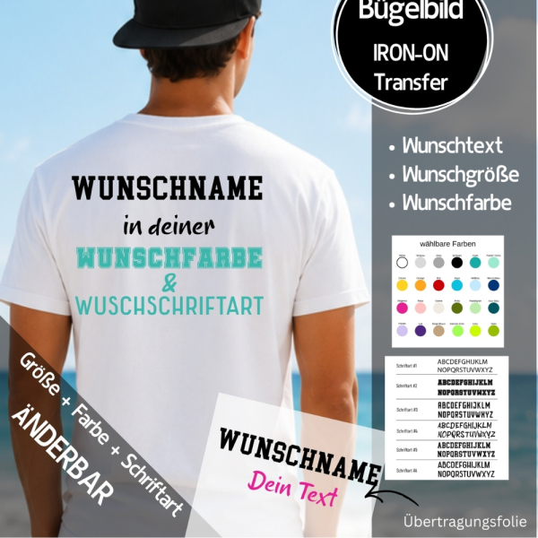 Bügelbild " Wunschname Wunschtext Trikot  "  - Größe + Farbe + Schriftart frei wählbar