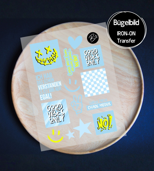 Bügelbild Bogen A6 - Set LABELS " Cool Stuff #hellblau/gelb "