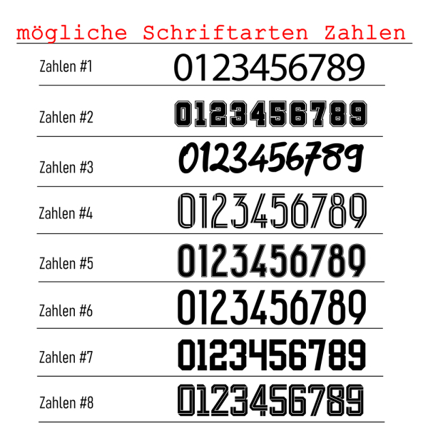 Bügelbild " Zahl - Rückennummer Trikot  " - Farbe & Größe & Schrift  frei wählbar