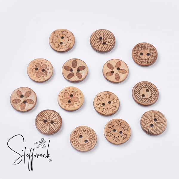 Kokos Knöpfe Mix - Blumen/Sterne/Muster -  18 mm - 5 Stück
