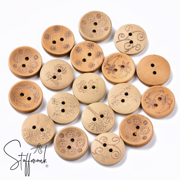 Holz Knöpfe Mix - Bäume/Blätter/Ranken -  20 mm - 10 Stück -