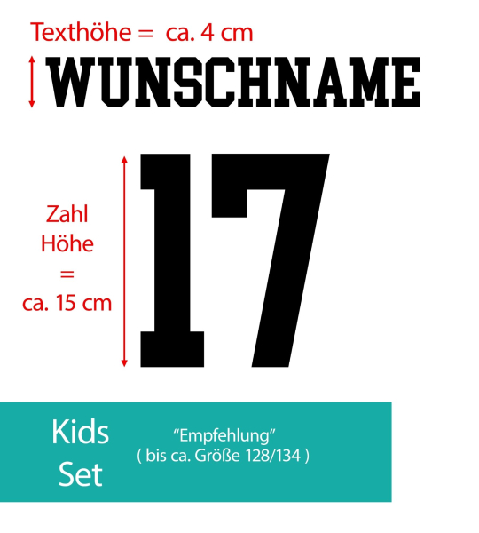 SET Trikot - Bügelbild " Wunschfarbe + Wunschname + Wunschzahl " - Größe wählbar