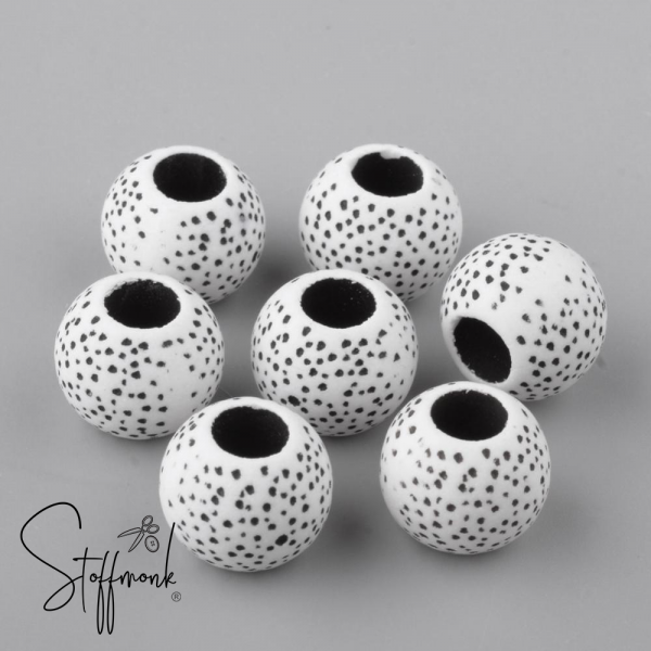 Großlochperlen - Acryl - 6 Stück - Weiß/schwarze Punkte
