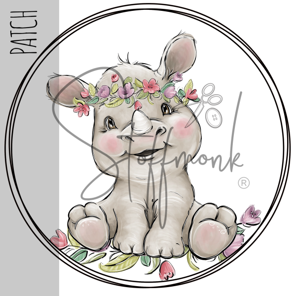 Patch / Aufnäher  - Nashorn mit Blumen - Größe wählbar -