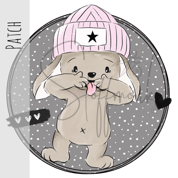 Patch / Aufnäher  - "Klein & Frech" - ROSA Punkte grau - Rund