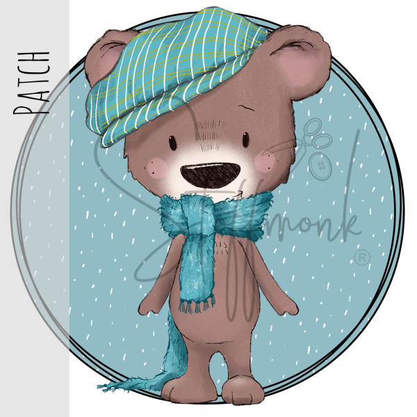 Patch / Aufnäher  - Brauner Bär stehend - blauer Hintergrund