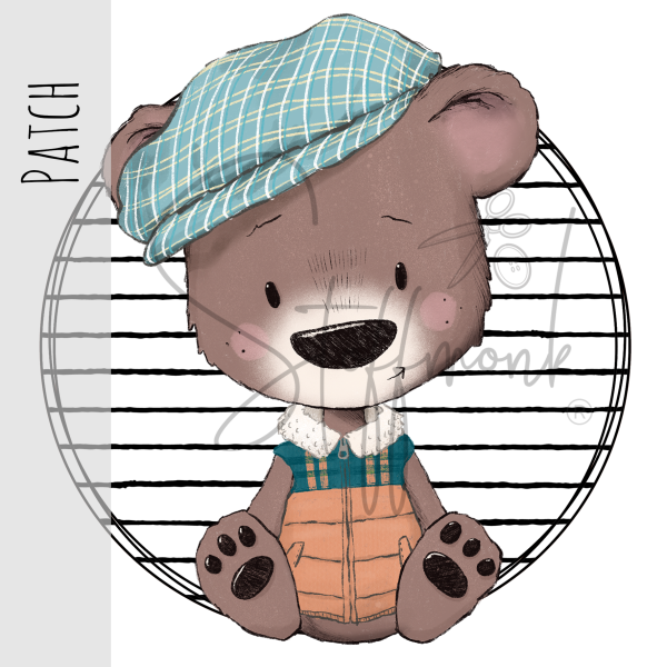 Patch / Aufnäher  - Brauner Bär sitzend - kleine Streifen