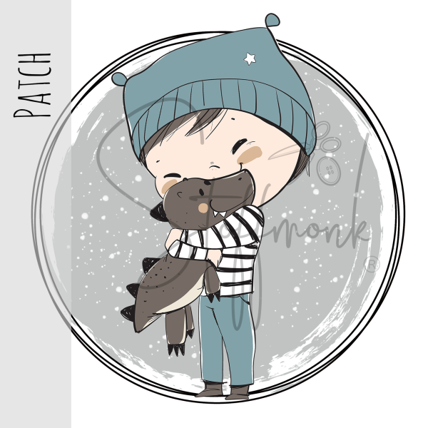 Patch / Aufnäher  - Winterjunge mit Dino - grauer Hintergrund