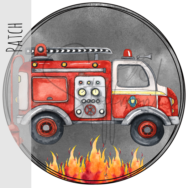 Patch / Aufnäher  - "Feuerwehrauto" rund mit Flammen