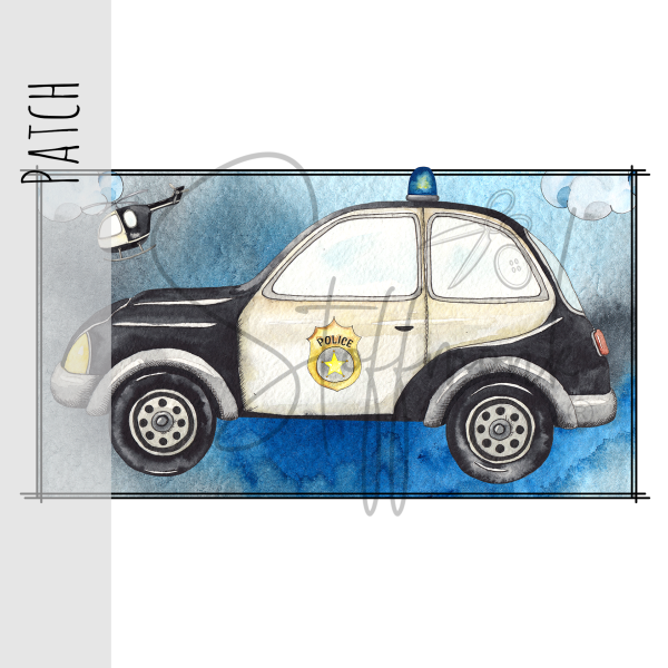 Patch / Aufnäher  - "Polizeiauto + Hubschrauber" - blau - eckig