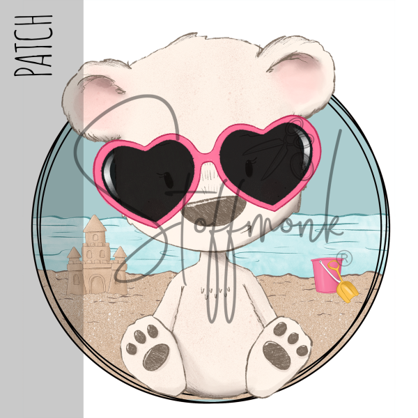 Patch / Aufnäher  -  "Weißer Bär mit Herz-Sonnenbrille"