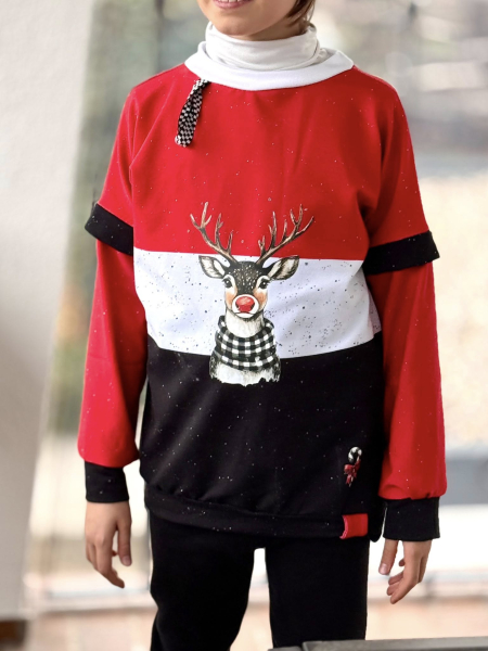 Bügelbild -  " Elch weiss/schwarz " mit roter Nase