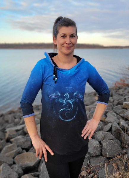 Einzel Panel " DRACHE " - Grunge Verlauf - #dunkelgrau/royal - Bio French Terry