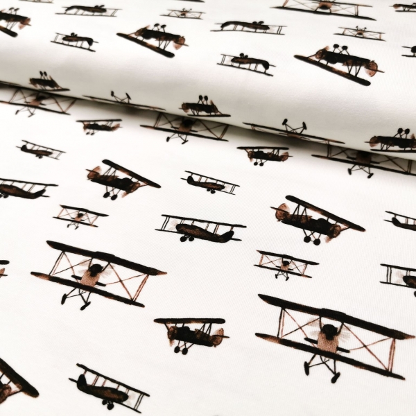 Digitaler Baumwoll Jersey - Flugzeuge hellbraun