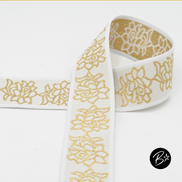 Gummiband  50mm  - #weiss/gold  Blumen