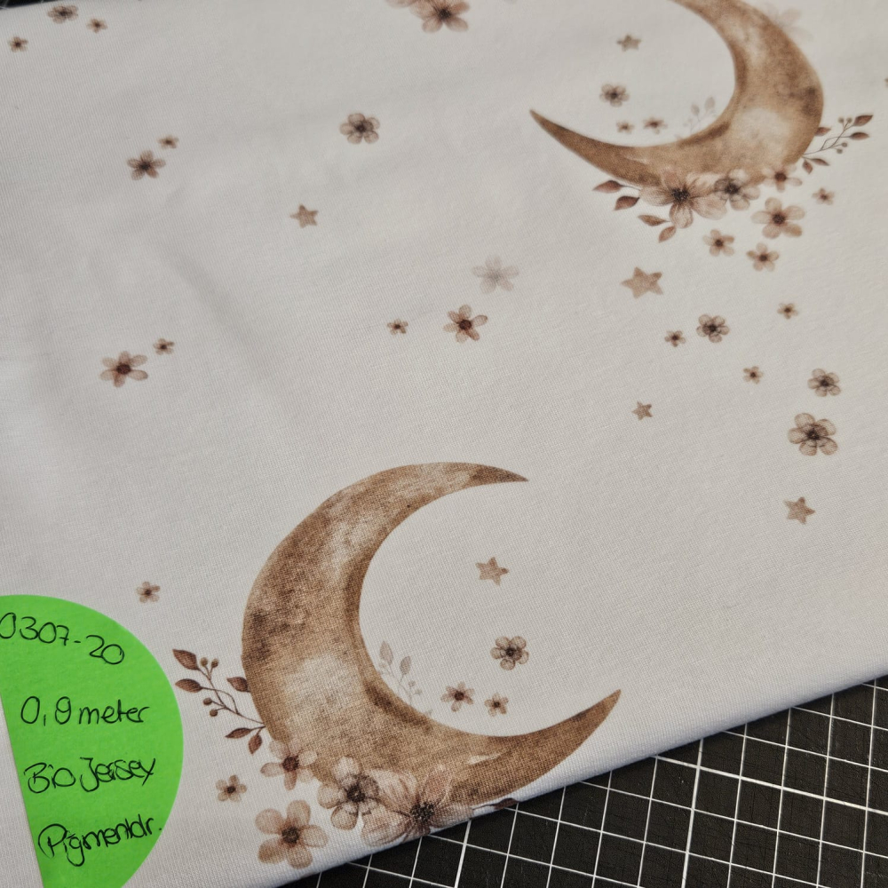 0307-20 - 0,9 Meter Moonflowers weiss/braun (Pigmentdruck) - Bio Jersey - *anstatt 21,15€ -- nur 14 €*
