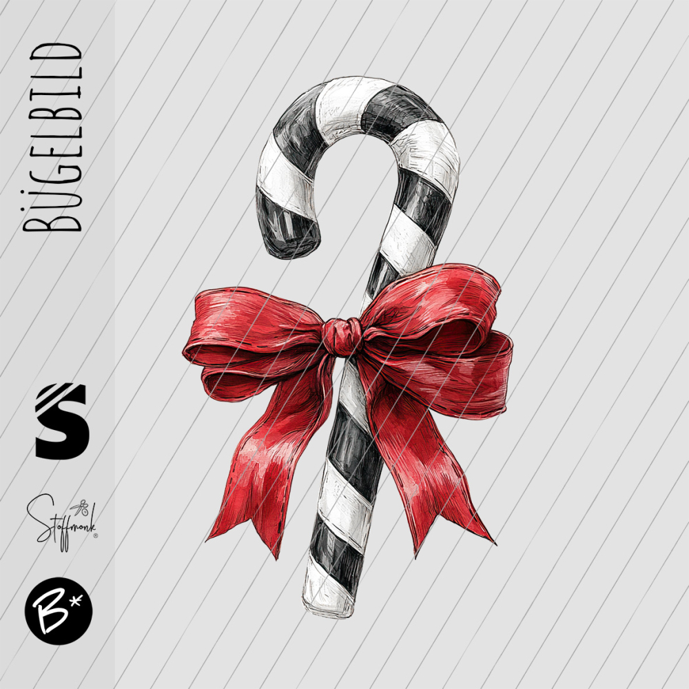 Bügelbild -  " Zuckerstange weiss/schwarz " mit Schleife