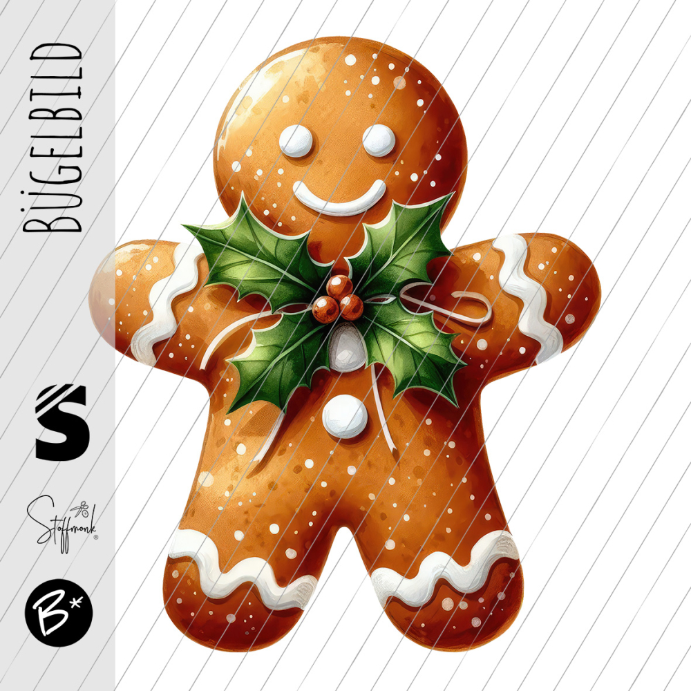 Bügelbild -  " Lebkuchenmännchen mit grüner Schleife "