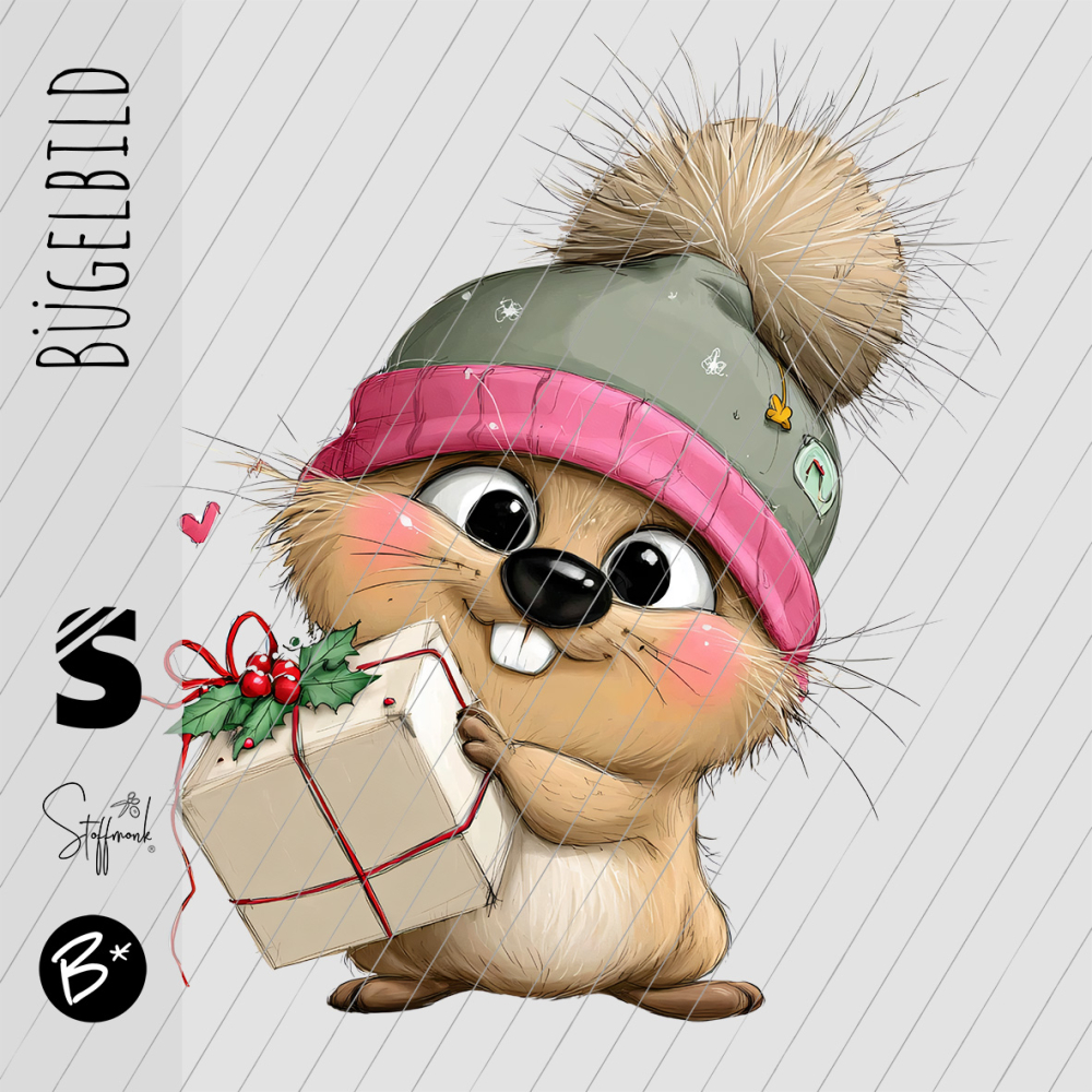 Bügelbild -  " Biber mit Mütze & Geschenk "