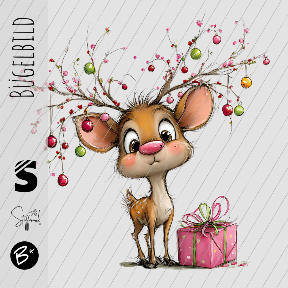 Bügelbild -  " Reh mit Weihnachtskugeln "
