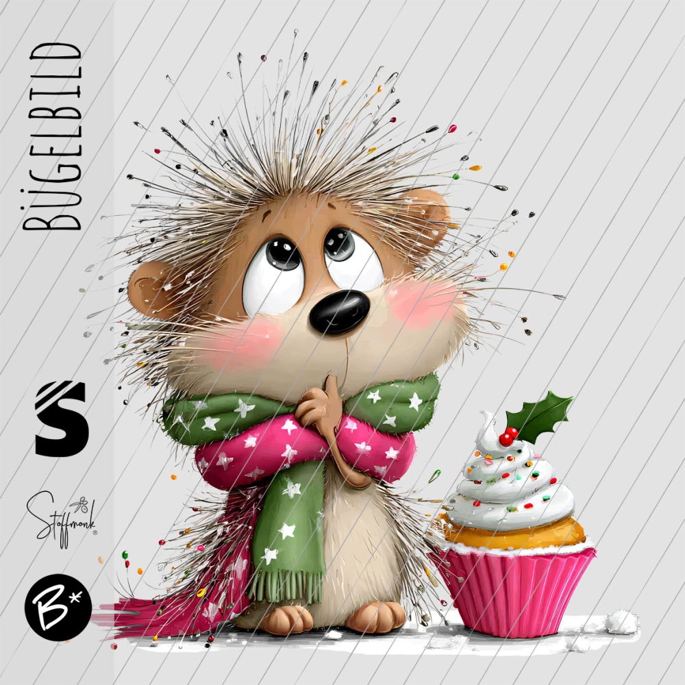 Bügelbild -  " Weihnachtsigel mit Muffin "