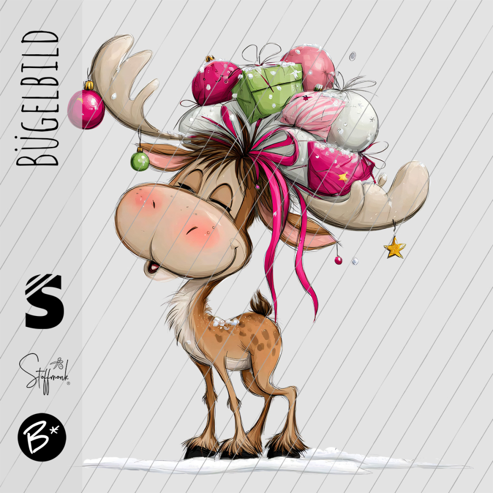 Bügelbild -  " Elch mit Geschenken "