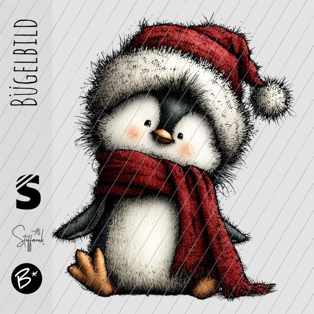 Bügelbild -  " Cute Pinguin mit rotem Schal & Mütze "