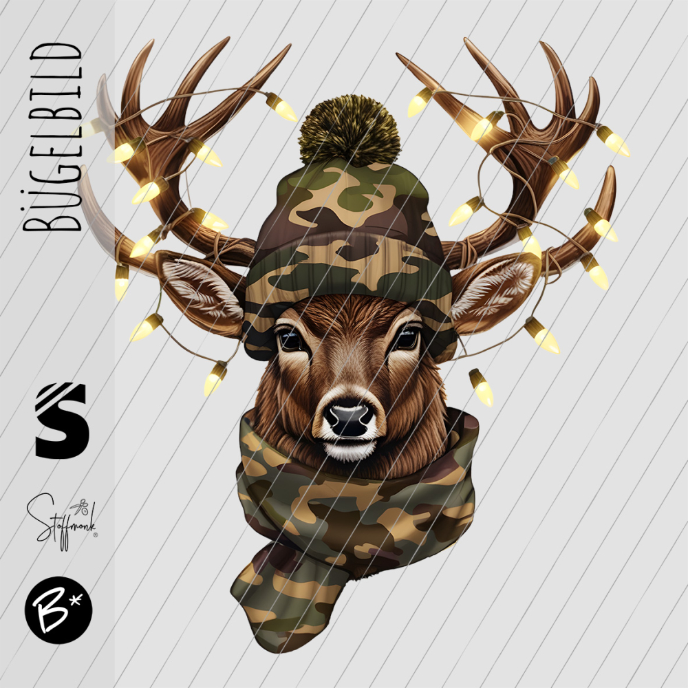 Bügelbild -  " Camo Hirsch mit Lichterkette "