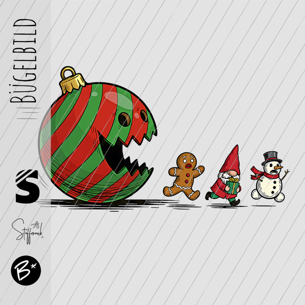 Bügelbild -  " Weihnachtskugel (rot/grün) hat Hunger... "