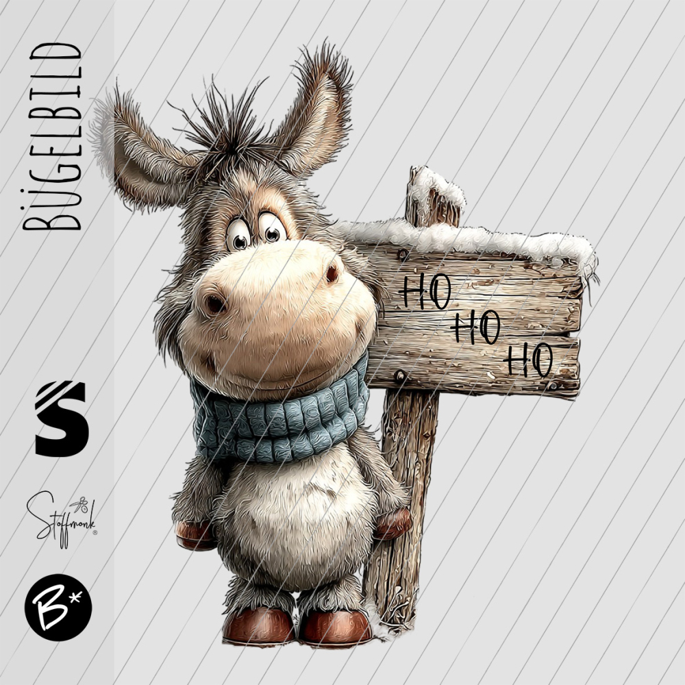 Bügelbild -  " Esel mit Schild - Ho Ho Ho "