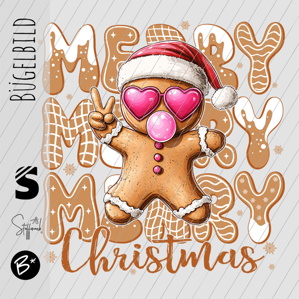 Bügelbild -  " Merry Christmas mit Lebkuchenmännchen "