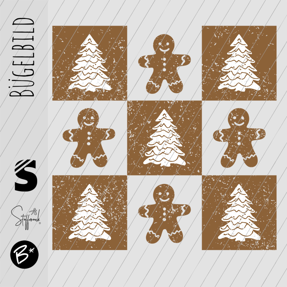 Bügelbild -  " Karo mit Lebkuchenmännchen & Tannen "