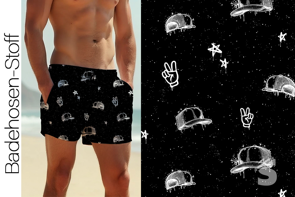 BADEHOSENSTOFF - (gewebt, nicht elastisch) - "Caps #SCHWARZ"