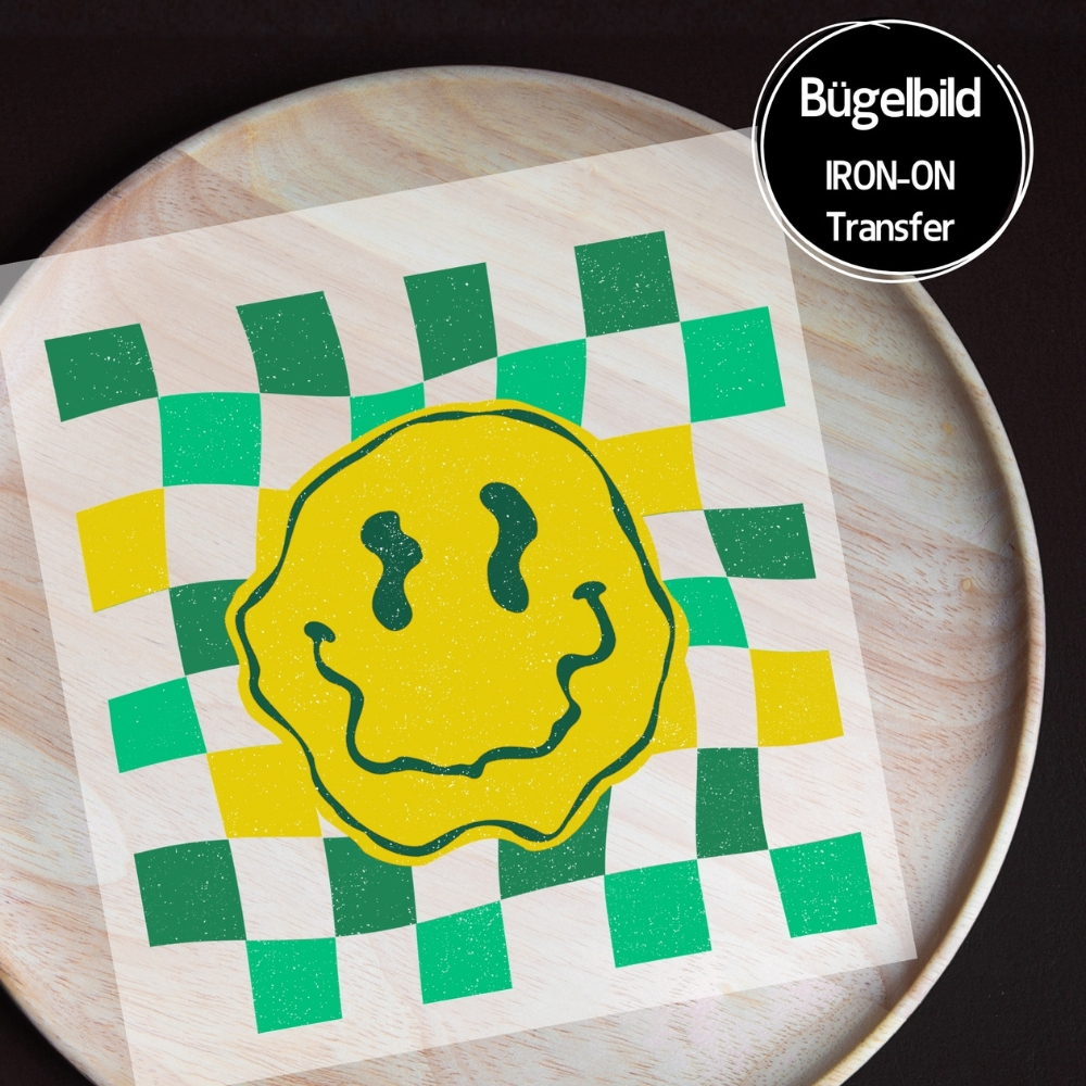 Bügelbild - " Check Smilie distressed #gelb grün