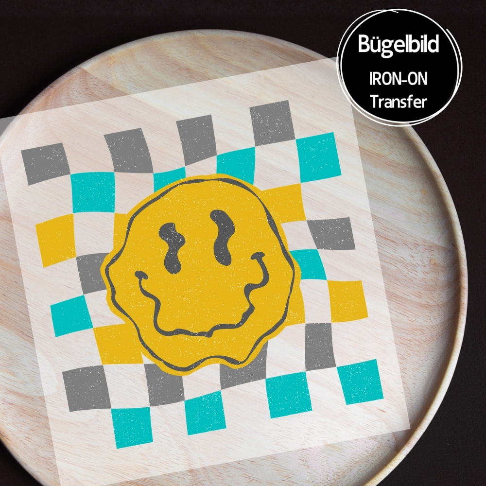 Bügelbild - " Check Smilie distressed #grau türkis "