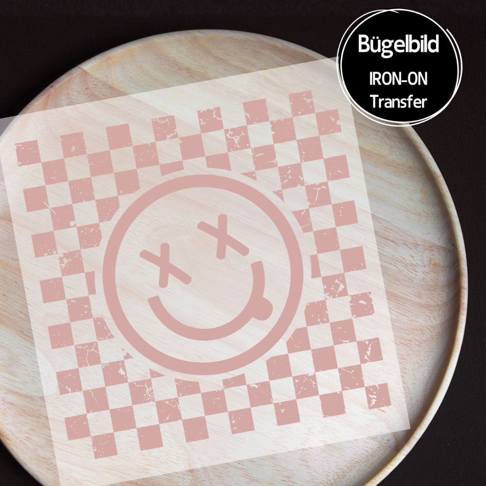 Bügelbild - " Smilie Rechteck - Karo #Rosa "