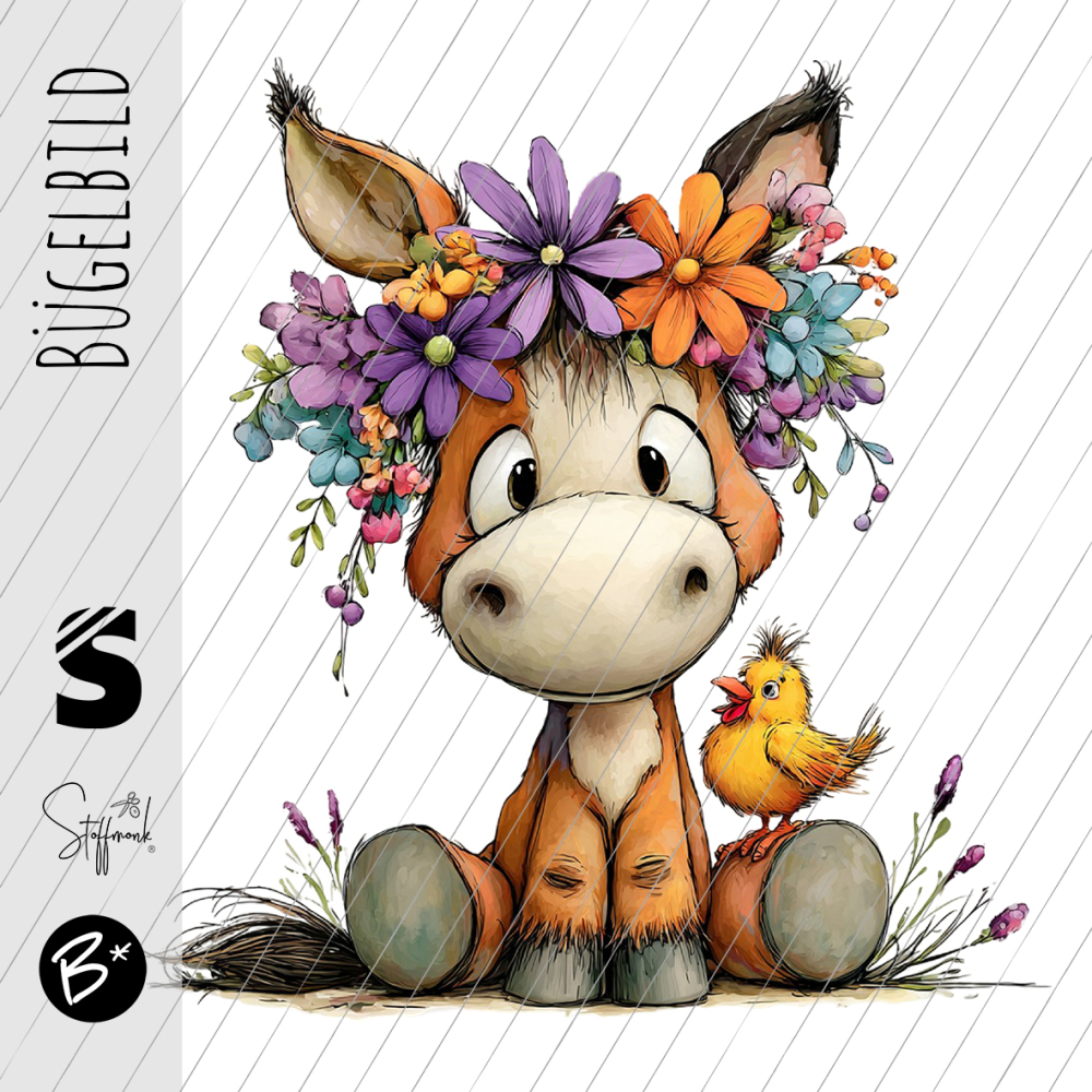 Bügelbild -  " Blumen - Esel sitzend "