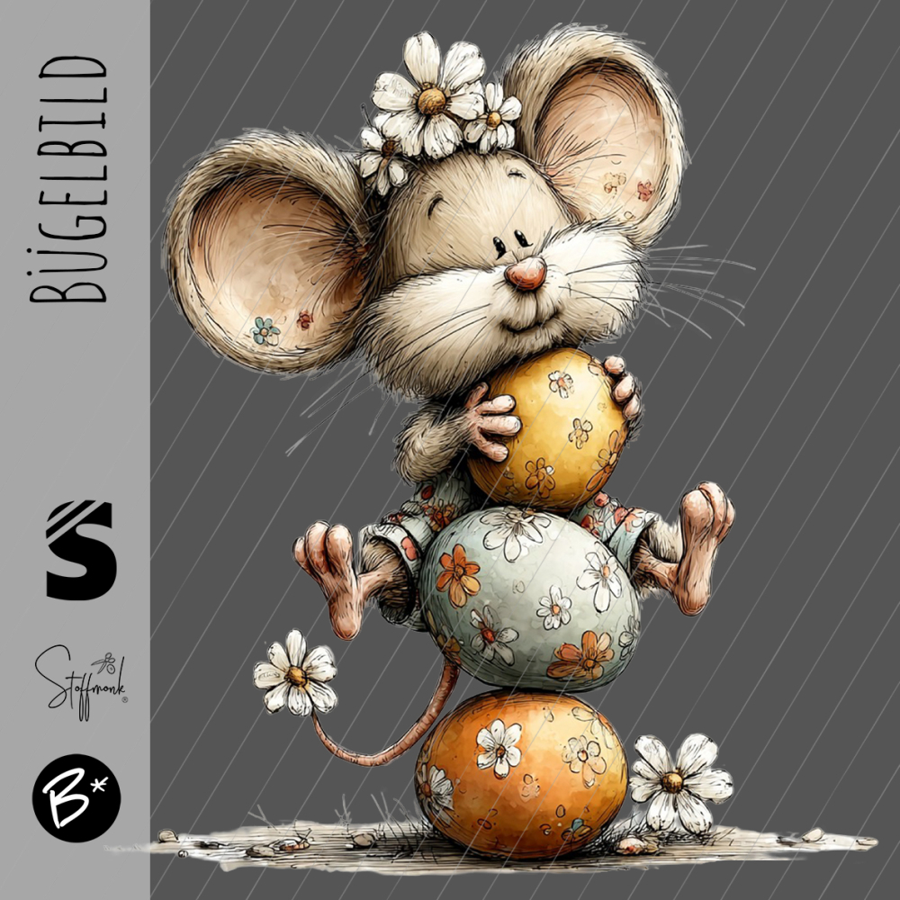 Bügelbild -  " Maus auf Eier-Turm "