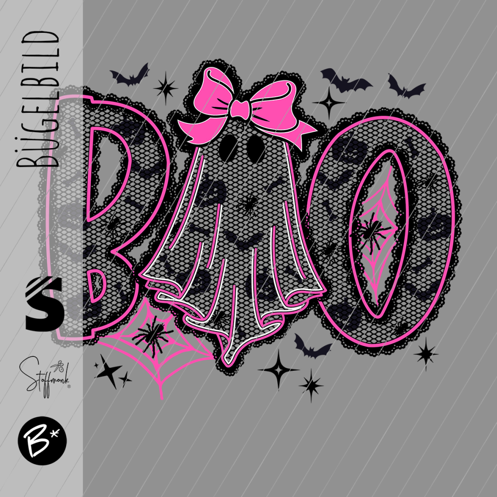 Bügelbild - H43 - " BOO! (Spitzenoptik) #schwarz/pink "